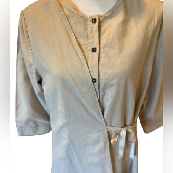 Anthropologie Mauve Brand Lagenlook Cotton Khaki Dress Button Front Tied Overlay - Picture 2 of 14